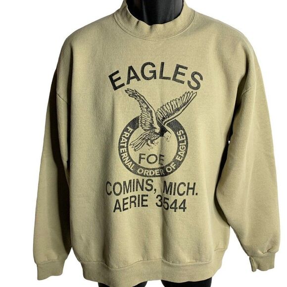 Vintage FOE Fraternal Order of Eagles Sweatshirt L Tan Crewneck Pullover MI - Picture 1 of 6